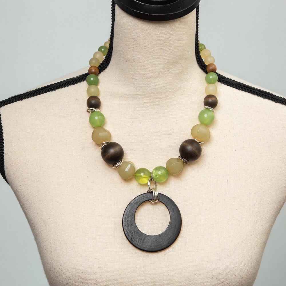 Large beaded pendant necklace ring pendant neutral brown & green